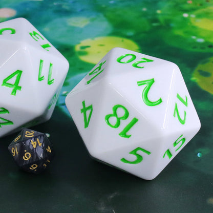 55mm Titan d20 – Oversized White & Green Die for D&D and Tabletop RPG