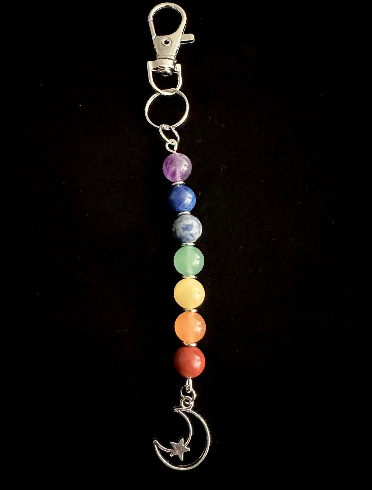 7 Chakra Crystal Gemstone Bag Charm – Reiki Infused Keychain with Silver Lotus, Moon or Om Charm