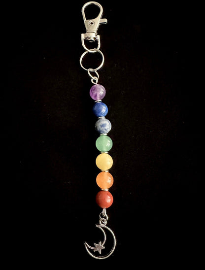 7 Chakra Crystal Gemstone Bag Charm – Reiki Infused Keychain with Silver Lotus, Moon or Om Charm