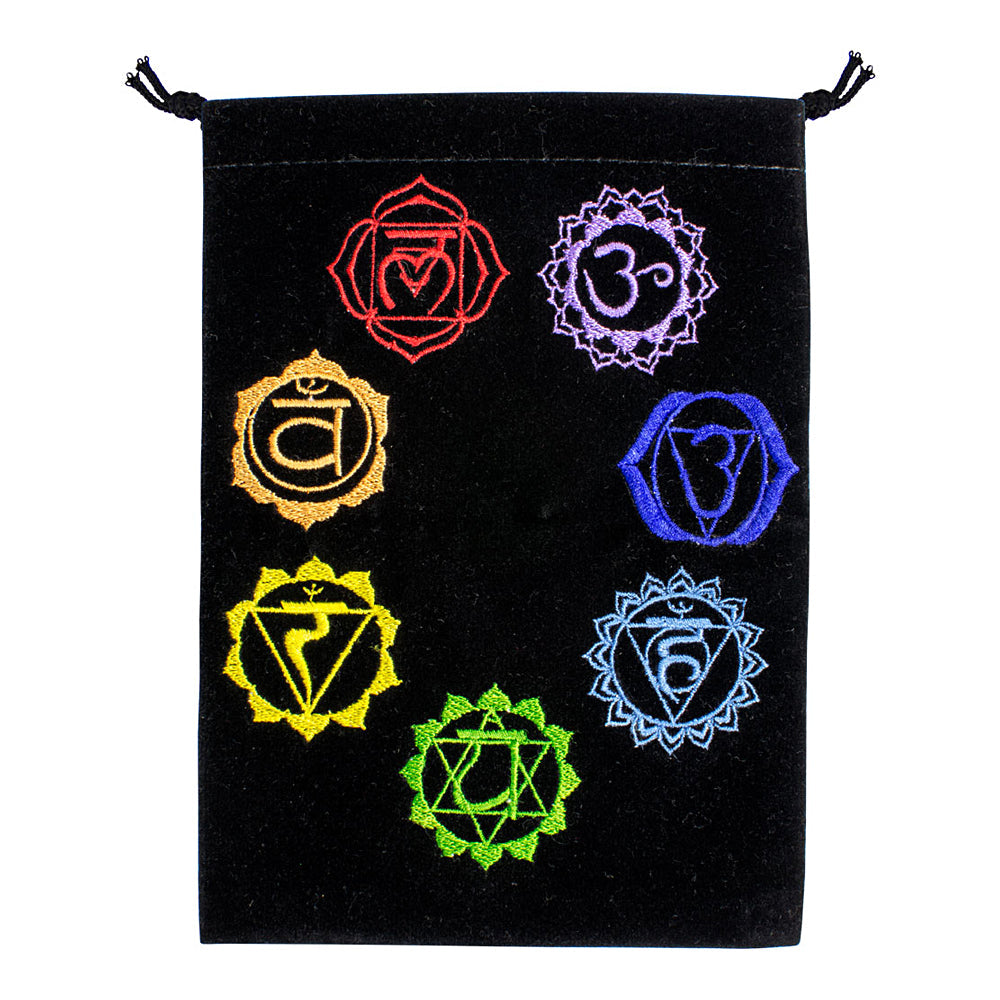 7 Chakras Black Velvet Embroidered Bag - 5" x 7" Tarot & Crystal Pouch