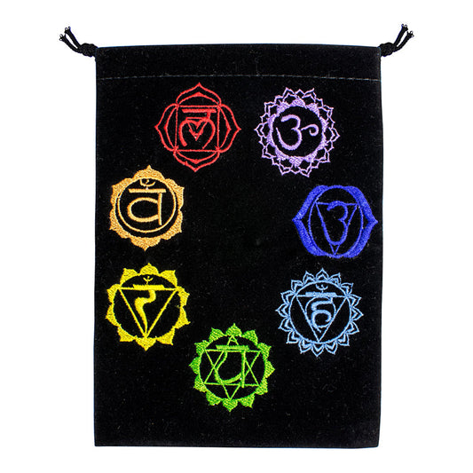 7 Chakras Black Velvet Embroidered Bag - 5" x 7" Tarot & Crystal Pouch