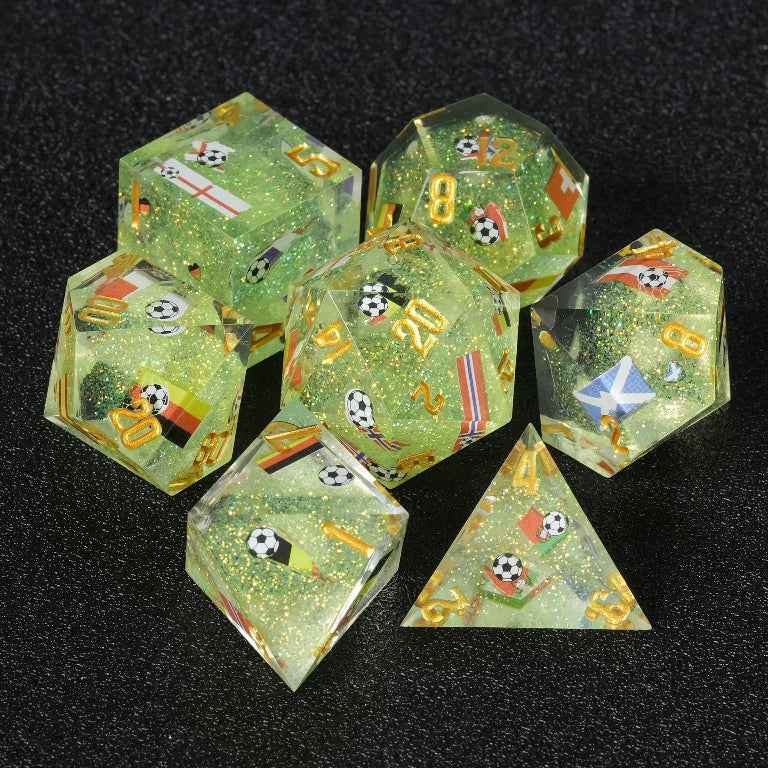 DND World Cup Resin Dice Set with National Flags and Soccer Balls + Gold Lettering