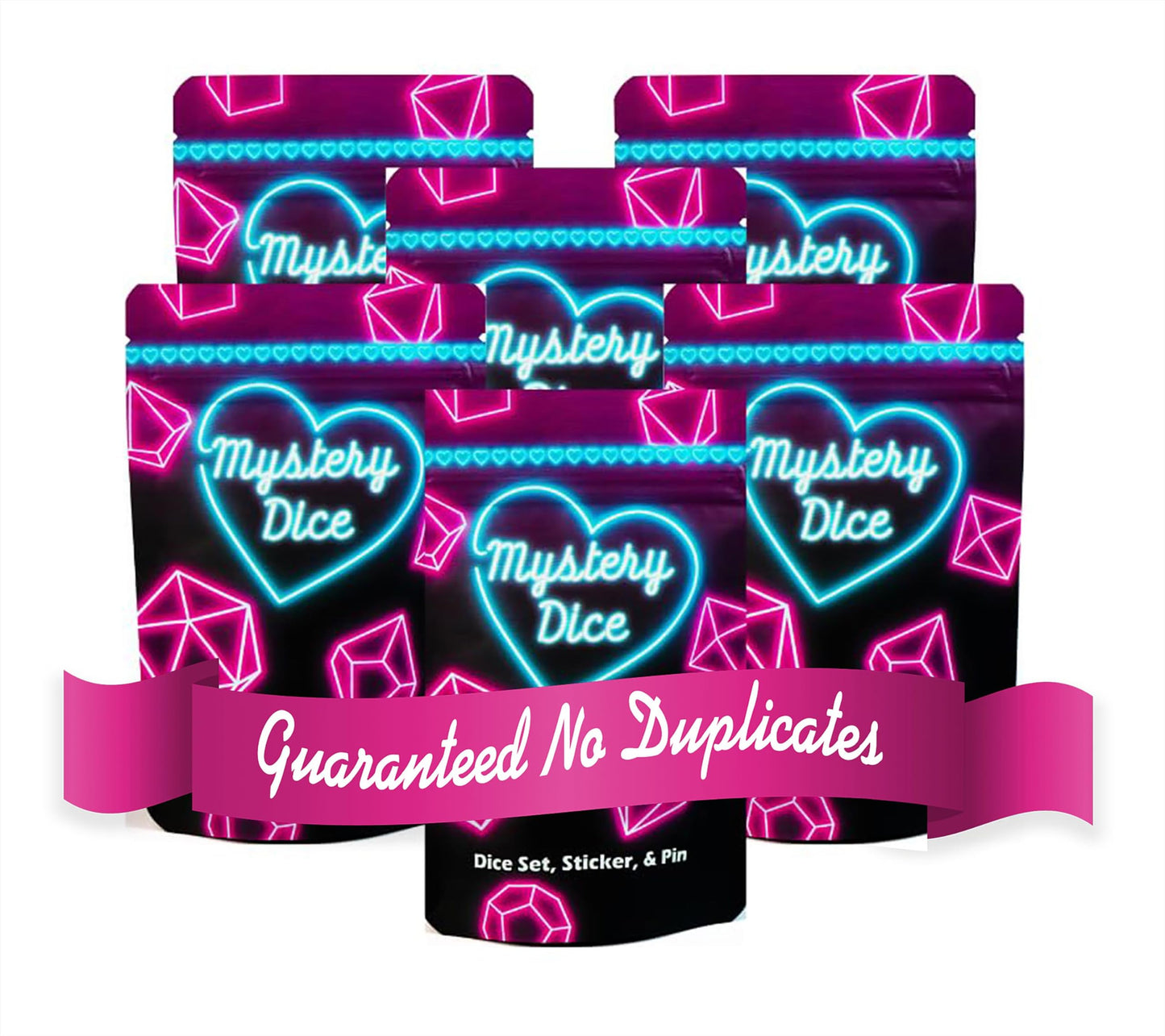 Sweetheart Mystery Dice 6 Pack | Hearts & Flowers RPG Dice with Pins & Stickers