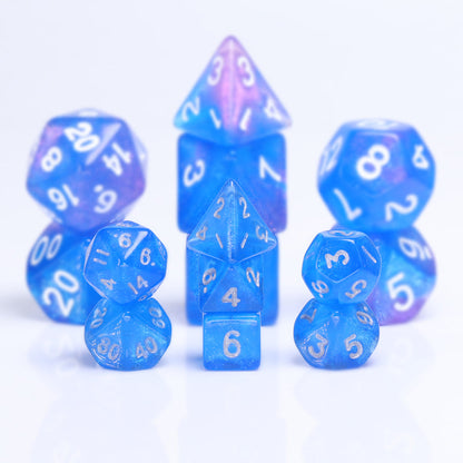 Glitter Blue 7-Dice Mini-Dice RPG Set w/Silver Numbers Miniature Dice