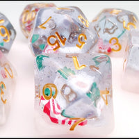 Red & White Stocking Inclusion with Frost and Tree 7-Dice Set RPG DND
