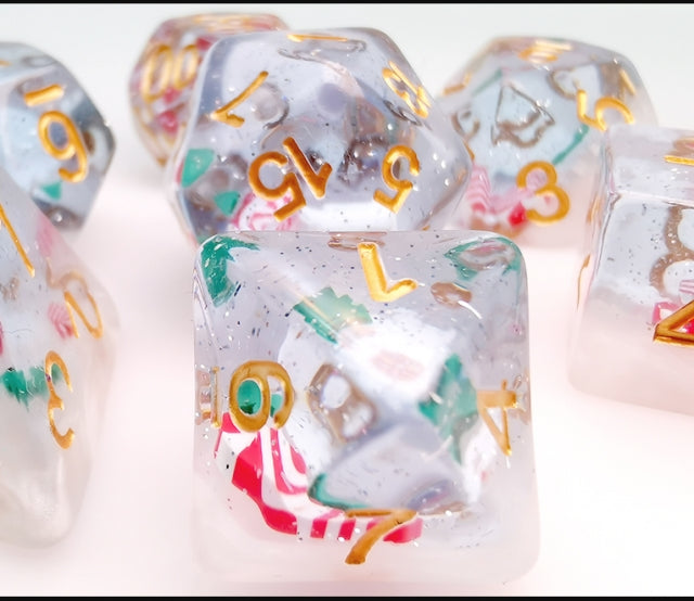Red & White Stocking Inclusion with Frost and Tree 7-Dice Set RPG DND