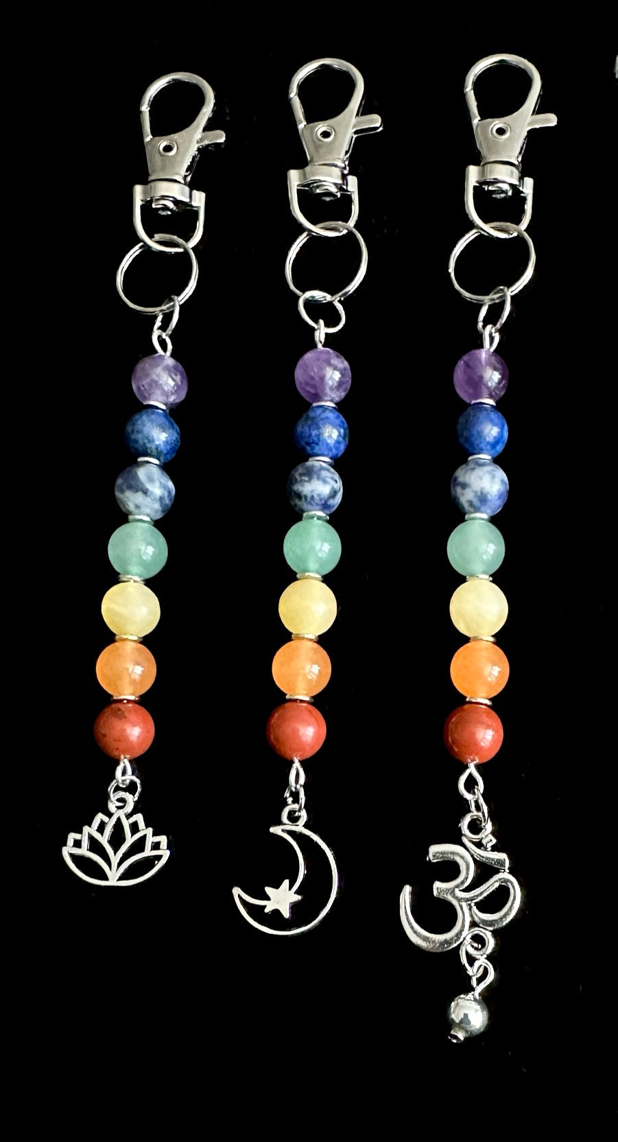 7 Chakra Crystal Gemstone Bag Charm – Reiki Infused Keychain with Silver Lotus, Moon or Om Charm