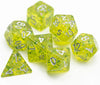 Green Cloud Brocade Powder 7-Dice Dnd Dice | Glitter w/Silver Numbers Set