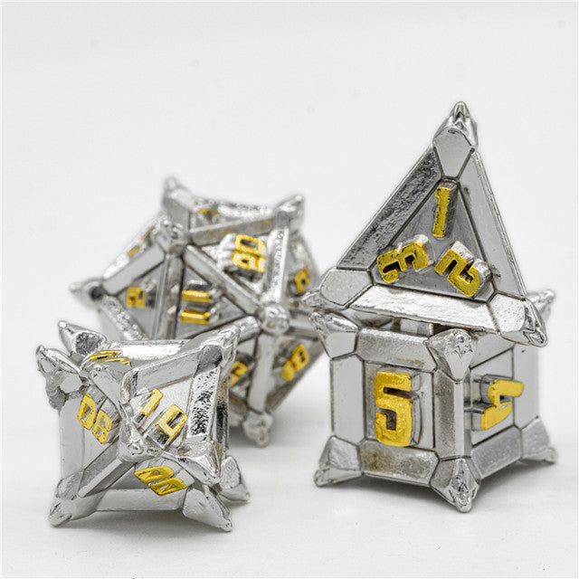 White w/Gold Pinwheel Strengthened Metal 7-Dice Set | Metal DND Dice