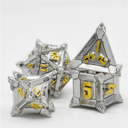 White w/Gold Pinwheel Strengthened Metal 7-Dice Set | Metal DND Dice