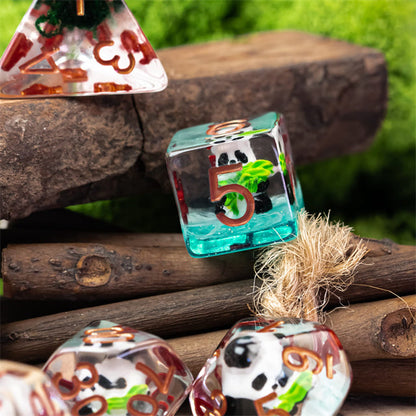 Bamboo Panda on Blue Glitter 7-Dice Set w/Copper Numbers Dnd Dice Set