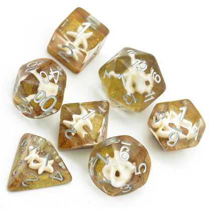 White Starfish Dice on Gold 7-Dice Set Resin Dungeons and Dragons Dice