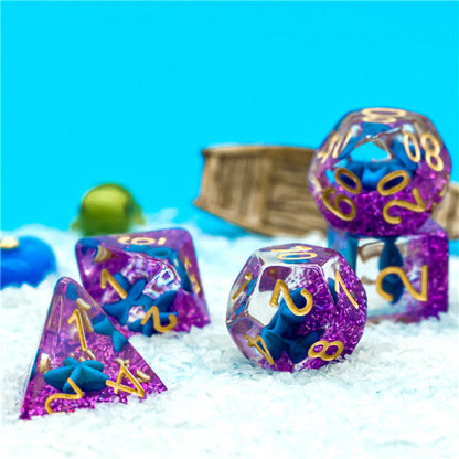 Purple w/Blue Starfish Dice 7-Dice Set Resin Dungeons and Dragons Dice