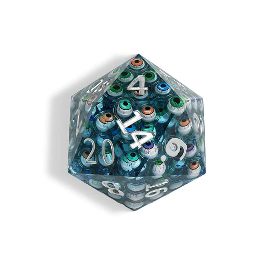 Multifaceted Illusion - 95mm Jumbo Eyeball Resin D20 Dice + Silver Numbers
