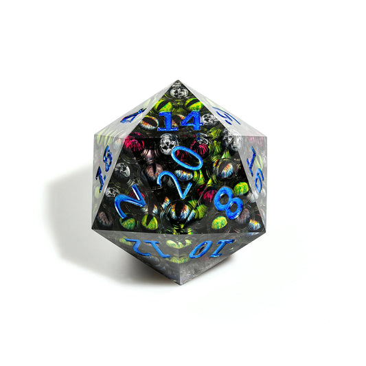 Multifaceted Illusion - 95mm Jumbo Eyeball Resin D20 Dice + Silver Numbers
