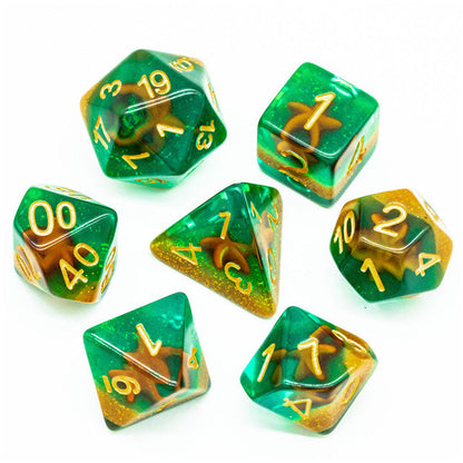 Green and Gold Starfish Dice 7-Dice Set Resin Dungeons and Dragons Dice