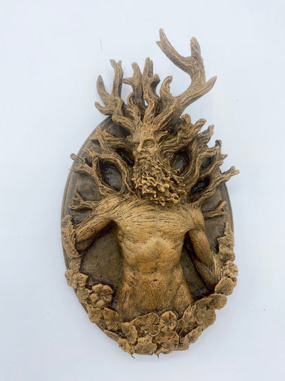 Green Man/ Cernunnos Wall Plaque, Hand Painted Resin Sculpture | Mythic Forest Creature Wall Art |Woodland Ent Wall Plaque for Nature Lovers
