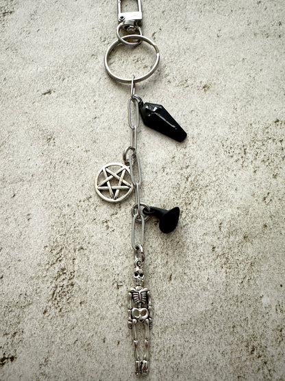 Spooky Horror Bag Charm Keychain – Silver & Black Coffin, Pentacle, Witch Hat & Skeleton