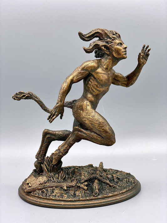Running Satyr Statue, Hand Painted Resin Sculpture | Mythical Creature Figurine | Unique Legendary Faun Figurine. Fantasy Art Decor