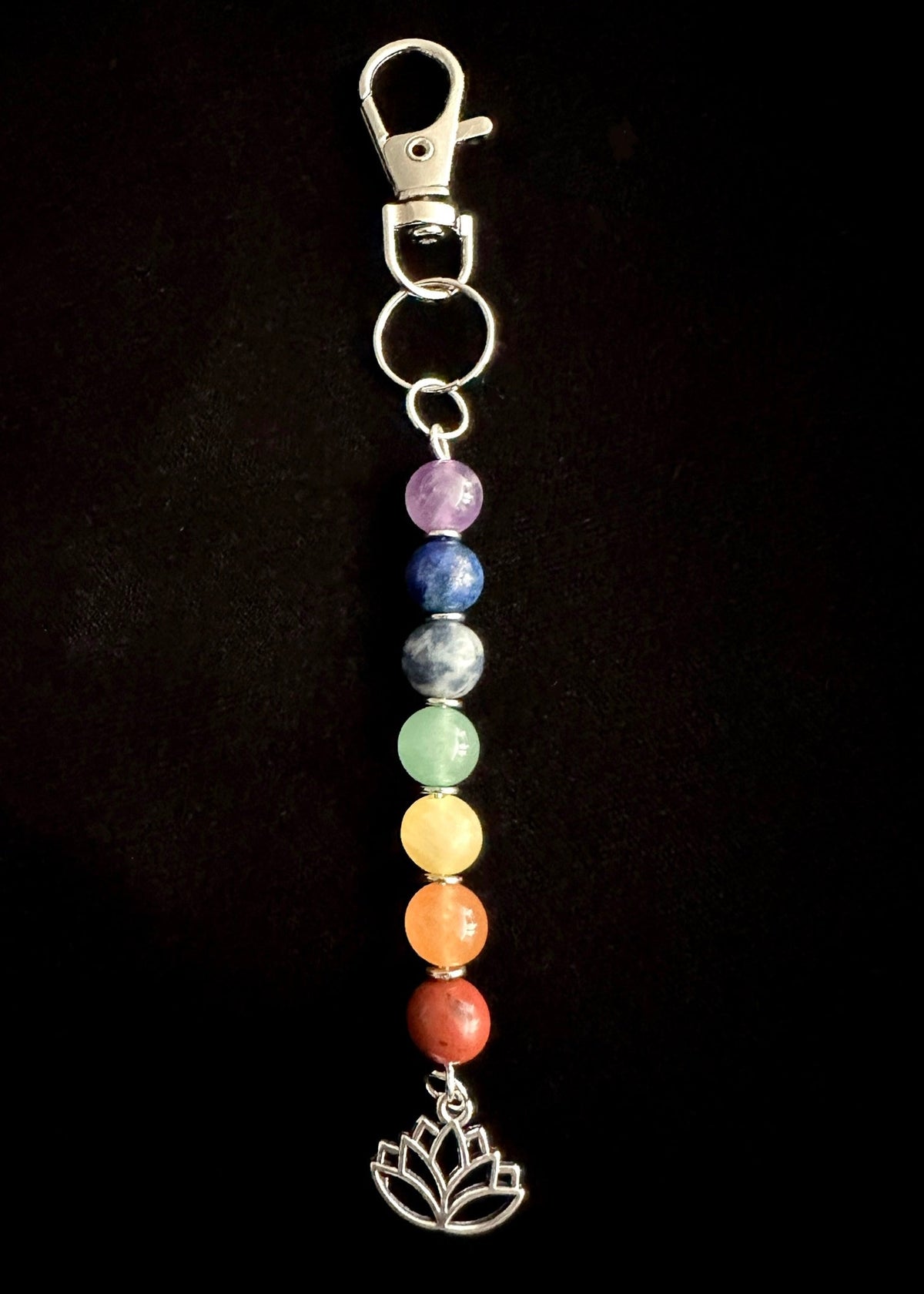 7 Chakra Crystal Gemstone Bag Charm – Reiki Infused Keychain with Silver Lotus, Moon or Om Charm
