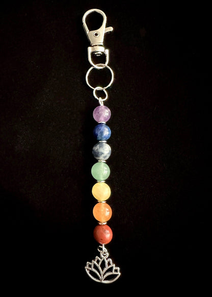 7 Chakra Crystal Gemstone Bag Charm – Reiki Infused Keychain with Silver Lotus, Moon or Om Charm