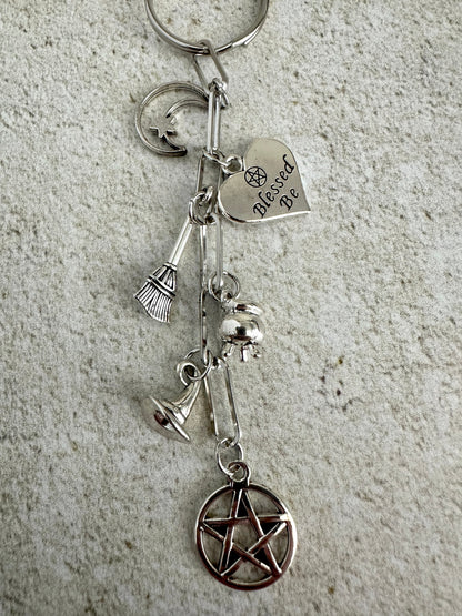 Witchy Bag Charm Keychain – Silver Pentacle, Moon, Witch Hat & Star Charms