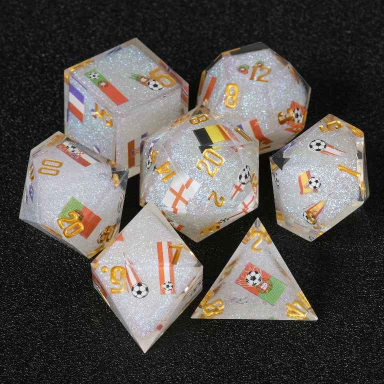 DND World Cup Resin Dice Set with National Flags and Soccer Balls + Gold Lettering