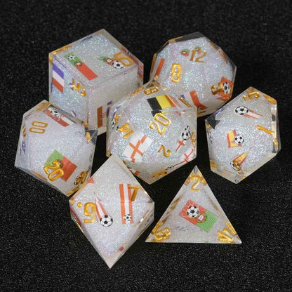 DND World Cup Resin Dice Set with National Flags and Soccer Balls + Gold Lettering