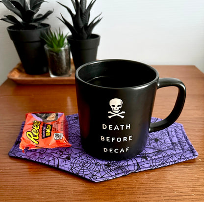 Spiderweb Coffin Mug Rug – Quilted Halloween Coffee Coaster for Horror Fans