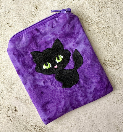 Black Cat Mojo Bag – Purple Embroidered Pouch for Crystals, Coins & Witchy Accessories