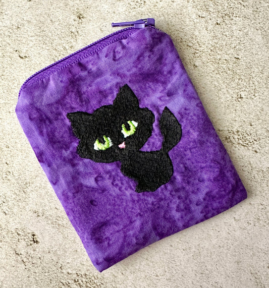 Black Cat Mojo Bag – Purple Embroidered Pouch for Crystals, Coins & Witchy Accessories