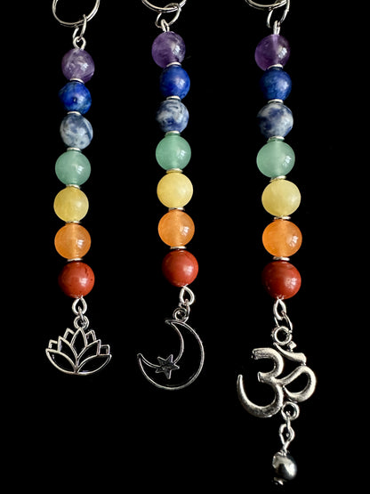 7 Chakra Crystal Gemstone Bag Charm – Reiki Infused Keychain with Silver Lotus, Moon or Om Charm