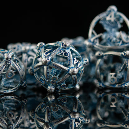 Draco Immortui Hollow Metal Dice Set - Aqua and Silver with Free Velvet Bag