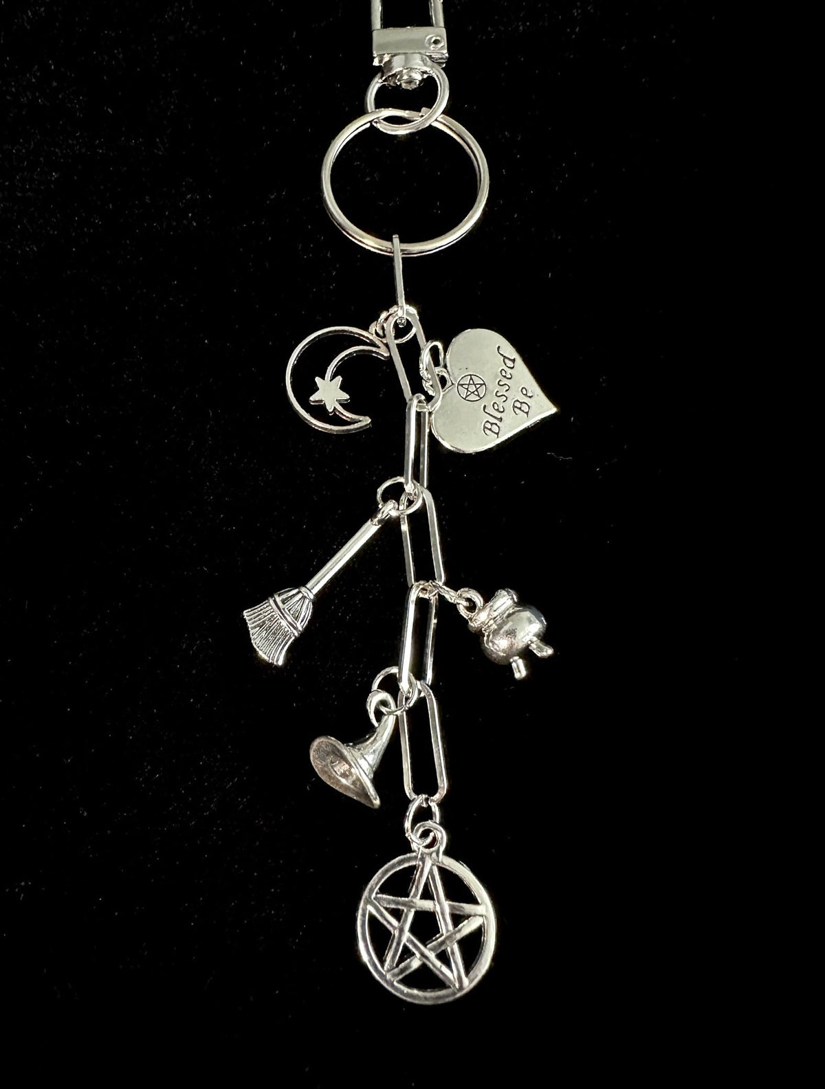 Witchy Bag Charm Keychain – Silver Pentacle, Moon, Witch Hat & Star Charms