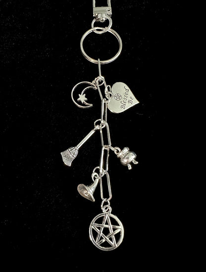 Witchy Bag Charm Keychain – Silver Pentacle, Moon, Witch Hat & Star Charms