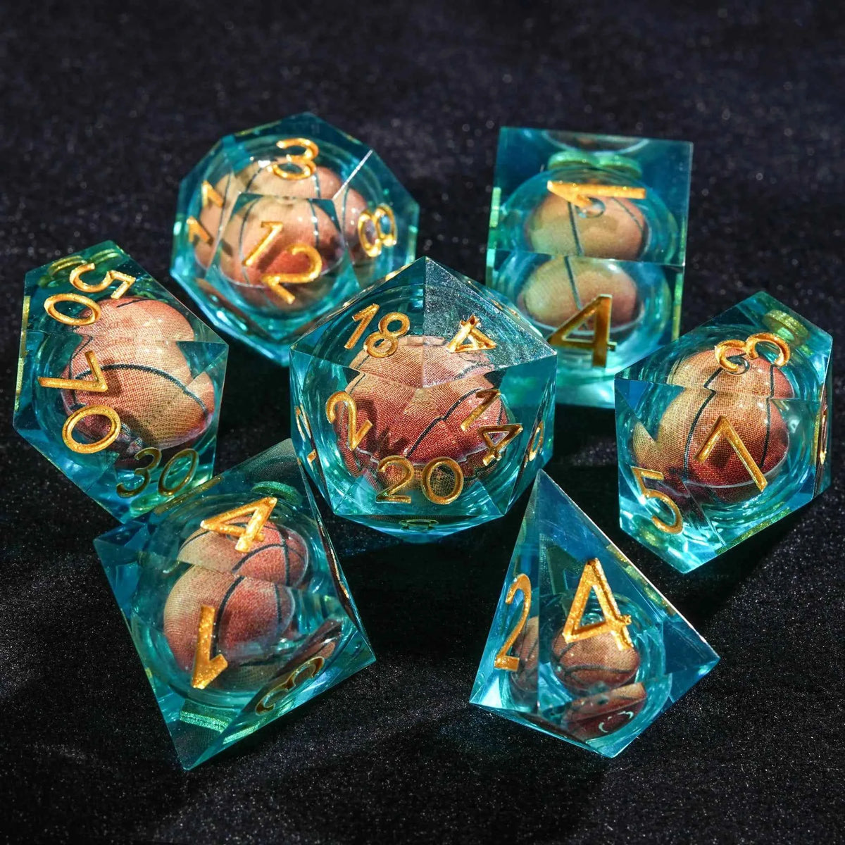 Basketball Core DND Dice Set Water Blue Transparent Resin + Gold Font