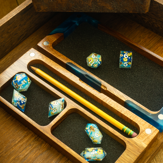 Azure River Wooden Dice Storage Box – Magnetic DnD Dice Case with Foam Interior