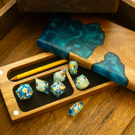 Azure River Wooden Dice Storage Box – Magnetic DnD Dice Case with Foam Interior