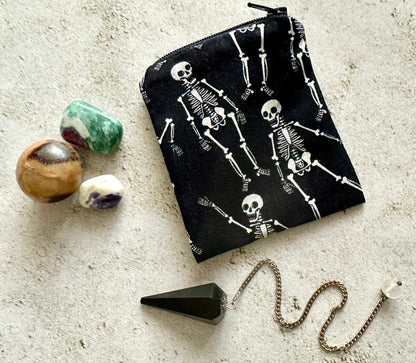Skeleton Mojo Bag – Spooky Fabric Pouch for Crystals, Coins, Candy & Earbuds