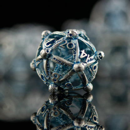 Draco Immortui Hollow Metal Dice Set - Aqua and Silver with Free Velvet Bag