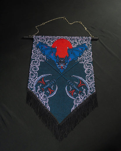 Battle Axe – Blue Bat & Crossed Double Axes Gothic Wall Hanging Banner