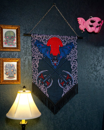 Battle Axe – Blue Bat & Crossed Double Axes Gothic Wall Hanging Banner