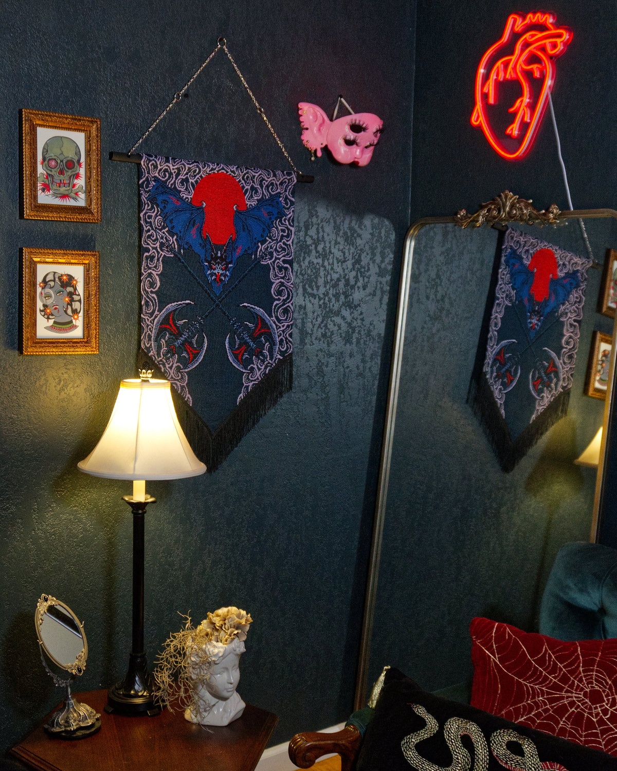 Battle Axe – Blue Bat & Crossed Double Axes Gothic Wall Hanging Banner