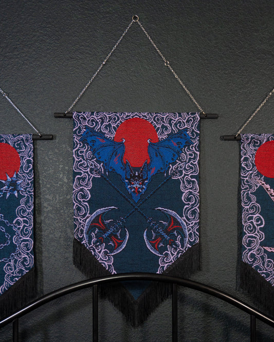 Battle Axe – Blue Bat & Crossed Double Axes Gothic Wall Hanging Banner