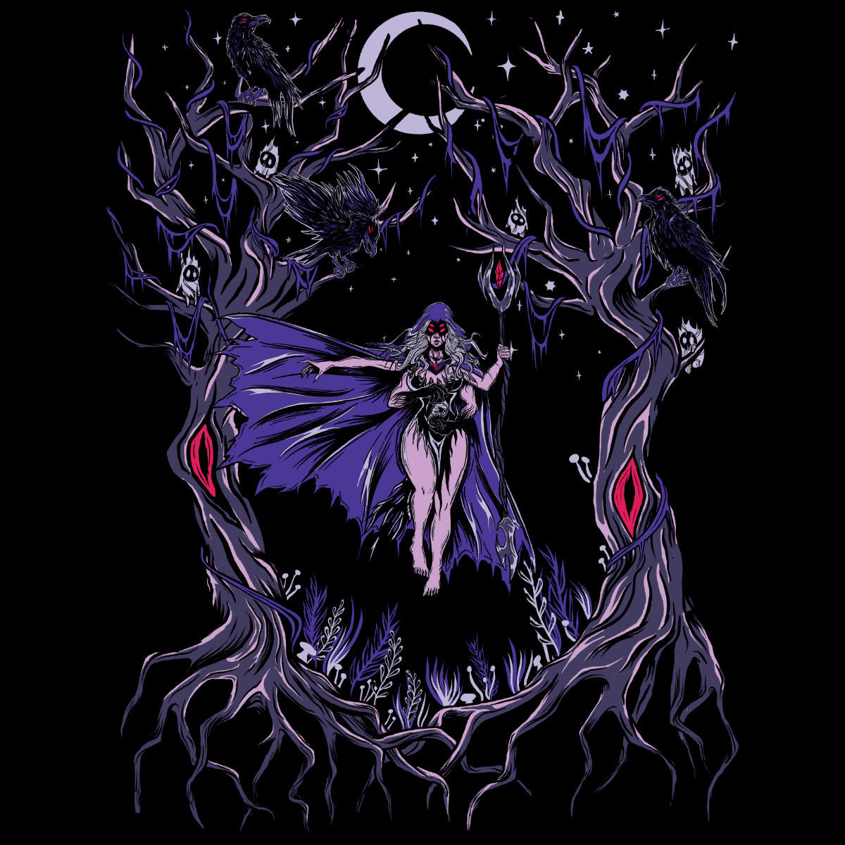 Black Forest – Witch & Skeletal Raven Screen-Printed Unisex Gothic T-Shirt