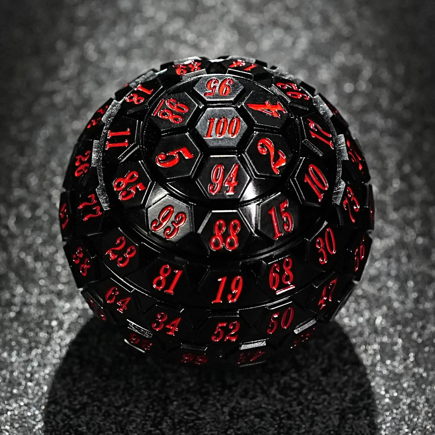 Black Acrylic D100 Dice + Red Numbers - Unique Hexagonal 100-Sided Dice