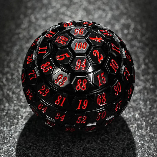 Black Acrylic D100 Dice + Red Numbers - Unique Hexagonal 100-Sided Dice