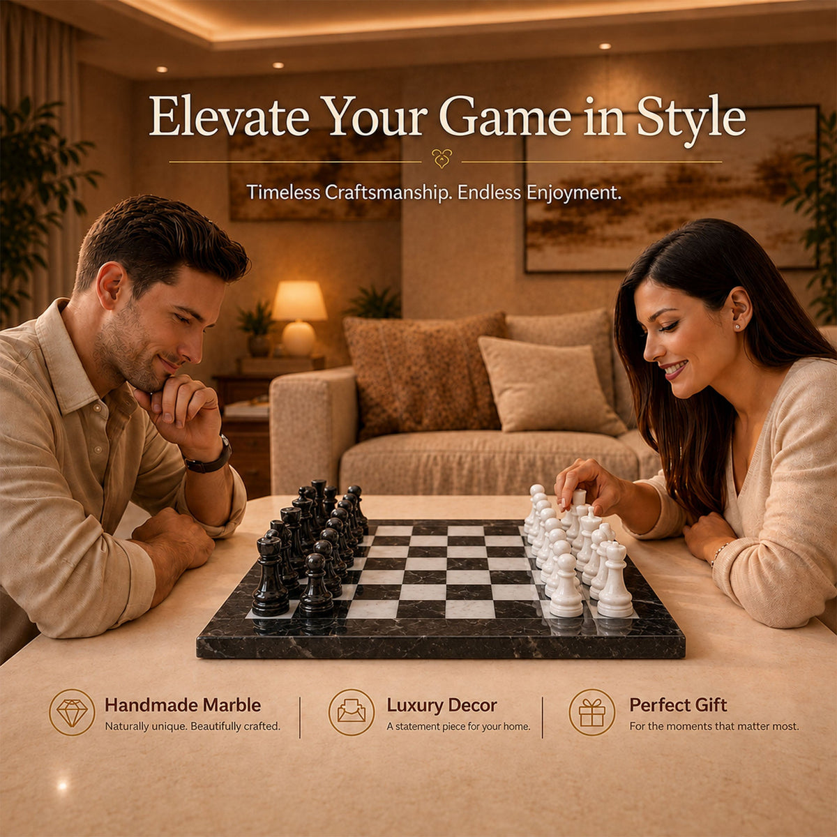 Black & White Marble Chess Set 15 Inches | Handcrafted Luxury Chess Board
