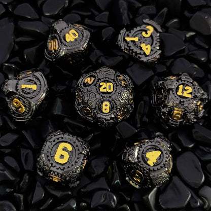 Punk Steam Ming Dynasty – Black Gold Mechanical Gear Solid Metal Dice Set
