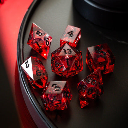 Blood Red Glitter Liquid Core Handmade Resin DND Dice Set by Runic Dice